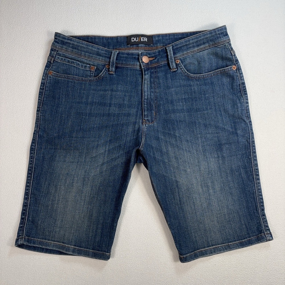DU/ER L2X Slim Fit Jean Shorts Men's 34x10.5 Blue Stretch CoolMax Jorts‎ L2X97